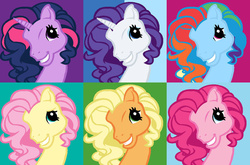 Size: 900x595 | Tagged: safe, artist:pokefreak33, applejack, fluttershy, pinkie pie, rainbow dash, rarity, twilight sparkle, pony, g3, g4, female, g3 faic, g4 to g3, generation leap, mane six, mare, pinkie's silly face