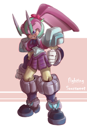 Size: 850x1248 | Tagged: safe, artist:thegreatrouge, sour sweet, gynoid, robot, equestria girls, g4, my little pony equestria girls: friendship games, armor, bowtie, capcom, clothes, crossover, crystal prep academy, crystal prep shadowbolts, female, fighting fefnir, fist, freckles, mega man (series), megaman zero, pleated skirt, reploid, skirt, solo
