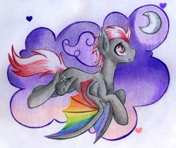 Size: 974x820 | Tagged: safe, artist:emberslament, oc, oc only, bat pony, pony, bat ponified, flying, moon, race swap, traditional art