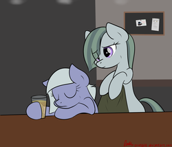 Size: 3053x2609 | Tagged: safe, artist:orang111, limestone pie, marble pie, g4, beer, blanket, high res, indoors, rock, sleeping