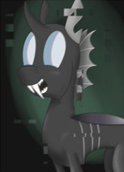 Size: 2170x3000 | Tagged: safe, artist:darklordsnuffles, changeling, error, glitch, happy, high res, sharp teeth, smiling, solo, white changeling