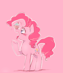 Size: 614x704 | Tagged: dead source, safe, artist:chi-hayu, pinkie pie, earth pony, pony, g4, blushing, cupcake, cute, diapinkes, female, food, mare, open mouth, pink background, profile, simple background, solo, tongue out, treat on nose