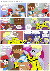 Size: 5784x8176 | Tagged: safe, artist:jeremy3, derpy hooves, dinky hooves, twist, oc, oc:trissie, earth pony, pegasus, pony, unicorn, g4, absurd resolution, boop, canon x oc, clothes, comic, comic sans, costume, eyepatch, female, filly, glasses, heart, katana, kill bill, lesbian, nightmare night, nightmare night costume, pirate, post office, sword, weapon