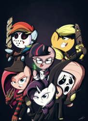 Size: 1600x2200 | Tagged: safe, artist:therandomjoyrider, applejack, fluttershy, pinkie pie, rainbow dash, rarity, twilight sparkle, g4, 2015, chainsaw, claws, clothes, crossover, evil, freddy krueger, ghostface, group, halloween, hat, herbert west, horror movies, jason voorhees, knife, leatherface, looking at you, mane six, nightmare on elm street, open mouth, phantasm, pinkamena diane pie, re-animator, scream (movie), screaming, signature, tall man, the texas chainsaw massacre, theme, walkie talkie, weapon
