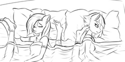 Size: 1581x790 | Tagged: safe, artist:sugarlesspaints, limestone pie, marble pie, maud pie, pinkie pie, earth pony, anthro, plantigrade anthro, g4, hearthbreakers, barefoot, bed, clothes, feet, grayscale, monochrome, pajamas, pie sisters, socks