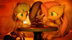 Size: 1920x1080 | Tagged: safe, artist:sourcerabbit, coco pommel, fluttershy, marble pie, g4, 3d, chair, hair over one eye, looking at each other, muffin, open mouth, sitting, source filmmaker, stool, table, talking, tea, teacup, teapot, the council of shy ponies