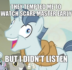 Size: 1098x1080 | Tagged: safe, screencap, dusk drift, party favor, simple sweet, sunny song, pony, unicorn, g4, my little pony: friendship is magic, scare master, the cutie map, caption, exploitable meme, i didn't listen, image macro, male, meme, stallion