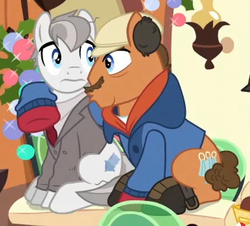 Size: 771x696 | Tagged: safe, screencap, real article, earth pony, pony, g4, hearthbreakers, clothes, coat, cropped, duo, facial hair, jacket, john candy, male, moustache, neighl page, planes trains and automobiles, ponified, reference, sitting, stallion, steve martin