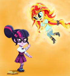 Size: 2458x2648 | Tagged: safe, artist:kittyprints91, sci-twi, sunset shimmer, twilight sparkle, equestria girls, g4, my little pony equestria girls: friendship games, book, boots, chibi, clothes, crystal prep academy, crystal prep academy uniform, crystal prep shadowbolts, cute, daaaaaaaaaaaw, duo, glasses, high res, hnnng, levitation, magic, mini, open mouth, pleated skirt, ponied up, school uniform, shimmerbetes, skirt, socks, twiabetes