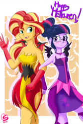 Size: 800x1200 | Tagged: safe, artist:burnt-sprinkles, sci-twi, sunset shimmer, twilight sparkle, equestria girls, g4, my little pony equestria girls: friendship games, 2015, blushing, breasts, busty sunset shimmer, cleavage, clothes, costume, cute, dress, duo, duo female, fangs, female, fingerless gloves, glasses, gloves, halloween, happy halloween, implied lesbian, implied scitwishimmer, implied shipping, implied sunsetsparkle, midnight sparkle, midnightabetes, midnightsatan, necklace, open mouth, shimmerbetes, signature, sunset satan, theme, twiabetes, waving