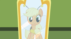 Size: 1280x700 | Tagged: safe, artist:slush pony productions, applejack, bee, g4, clothes, costume, halloween, hatless, mirror, missing accessory, youtube link