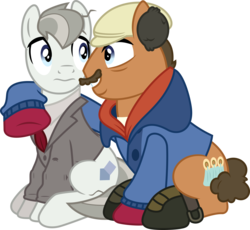 Size: 4348x4000 | Tagged: safe, artist:jeatz-axl, earth pony, pony, g4, hearthbreakers, absurd resolution, clothes, coat, del griffith, duo, facial hair, hat, jacket, john candy, looking at each other, male, moustache, neal page, neighl page, planes trains and automobiles, ponified, ponyscape, reference, simple background, sitting, stallion, steve martin, transparent background, unnamed character, unnamed pony, vector