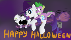 Size: 1280x720 | Tagged: safe, artist:jbond, opalescence, rarity, spike, cat, dragon, pony, unicorn, g4, broom, bucket, female, flying, flying broomstick, halloween, hat, levitation, looking back, magic, male, nightmare night, open mouth, paint, postcard, scared, smiling, telekinesis, text, witch hat