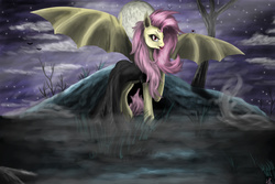 Size: 3005x2009 | Tagged: safe, artist:vinicius040598, fluttershy, bat, bat pony, pony, spider, g4, scare master, cape, clothes, fangs, female, flutterbat, full moon, high res, large wings, night, solo, tongue out, wings