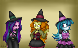 Size: 1024x640 | Tagged: safe, artist:queentigrel, adagio dazzle, aria blaze, sonata dusk, equestria girls, g4, halloween, the dazzlings, witch