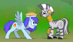 Size: 950x550 | Tagged: safe, artist:drjavi, zecora, oc, oc:firebrand, pegasus, pony, zebra, g4, balancing, canon x oc, eyes on the prize, grin, licking lips, pie, raised hoof, sharing, shipping, smiling, spread wings, squee, tongue out