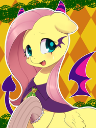 Size: 900x1200 | Tagged: safe, artist:ayahana, fluttershy, pegasus, pony, g4, clothes, cute, fangs, female, halloween, looking at you, mare, open mouth, shyabetes, smiling, socks, solo, thigh highs