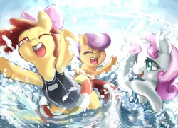 Size: 2125x1535 | Tagged: safe, artist:magiace, apple bloom, scootaloo, sweetie belle, g4, clothes, cutie mark crusaders, hair bow, one-piece swimsuit, swimming, swimsuit
