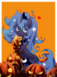 Size: 800x1094 | Tagged: safe, artist:kolshica, princess luna, g4, blushing, clothes, female, filly, heart, jack-o-lantern, looking at you, pumpkin, smiling, socks, solo, striped socks, woona