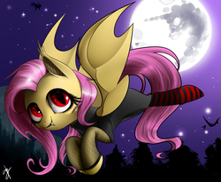 Size: 1424x1168 | Tagged: safe, artist:supermare, fluttershy, bat pony, pony, g4, clothes, crossover, fangs, female, fishnet stockings, flutterbat, hotel transylvania, mare in the moon, mavis dracula, moon, red eyes, socks, solo, striped socks