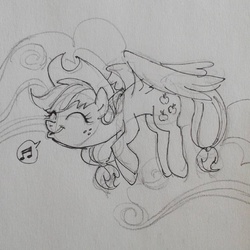 Size: 800x800 | Tagged: safe, artist:sketchyjackie, applejack, pegasus, pony, g4, female, flapplejack, flying, monochrome, race swap, singing, solo, traditional art