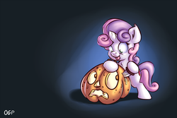 Size: 1920x1280 | Tagged: safe, artist:tadashi--kun, sweetie belle, pony, unicorn, crusaders of the lost mark, g4, cutie mark, female, filly, halloween, holiday, jack-o-lantern, pumpkin, pumpkin carving, solo, the cmc's cutie marks