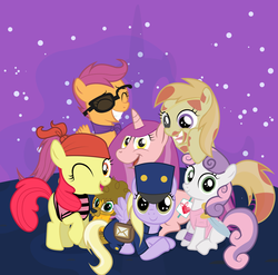 Size: 2203x2173 | Tagged: safe, artist:alkarasu, apple bloom, dinky hooves, noi, princess luna, scootaloo, sweetie belle, oc, oc:princess escargot, undead, zombie, g4, animal costume, clothes, costume, cutie mark crusaders, fanfic art, high res, lion costume, mailpony, nightmare night, pirate, pirate costume, zombie costume