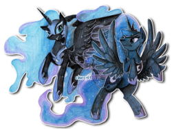 Size: 3169x2388 | Tagged: safe, artist:cihiiro, nightmare moon, princess luna, g4, duality, flying, grin, high res, rearing, simple background, smiling, spread wings, traditional art, transparent background