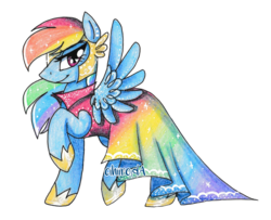 Size: 1899x1542 | Tagged: safe, artist:cihiiro, rainbow dash, g4, clothes, dress, female, raised hoof, simple background, solo, spread wings, traditional art, transparent background