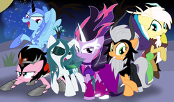 Size: 3900x2300 | Tagged: safe, artist:geraritydevillefort, applejack, discord, fluttershy, king sombra, lord tirek, nightmare moon, pinkie pie, queen chrysalis, rainbow dash, rarity, twilight sparkle, alicorn, earth pony, pegasus, pony, unicorn, equestria girls, g4, my little pony equestria girls: friendship games, antagonist, clothes, costume, ethereal mane, eyes closed, female, frown, galaxy mane, grin, high res, hoof on chin, mane six, mare, midnight sparkle, nightmare night costume, open mouth, open smile, raised hoof, smiling, spread wings, twilight sparkle (alicorn), wings