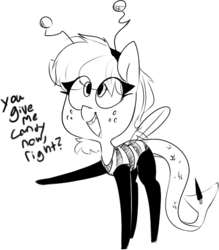 Size: 528x603 | Tagged: safe, artist:whydomenhavenipples, oc, oc only, oc:flo, bee, antennae, clothes, costume, halloween, halloween costume, holiday, monochrome, nightmare night, raised leg, solo