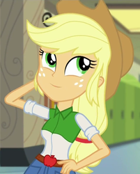 Size: 580x720 | Tagged: safe, screencap, applejack, equestria girls, g4, my little pony equestria girls: friendship games, arm behind head, belt, button-up shirt, clothes, cowboy hat, cropped, denim, denim skirt, female, hand on hip, hat, inverted mouth, shirt, skirt, smiling, solo, teenager