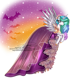 Size: 1248x1368 | Tagged: safe, artist:tiffanymarsou, princess celestia, bat, g4, clothes, dress, female, flying, halloween, impossibly long dress, solo, spread wings