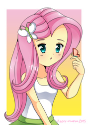 Size: 2480x3508 | Tagged: safe, artist:kateychazuu, fluttershy, butterfly, equestria girls, g4, 2015, clothes, female, high res, signature, skirt, solo, tank top