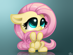 Size: 1600x1200 | Tagged: safe, artist:luminousdazzle, fluttershy, pegasus, pony, g4, chibi, cute, female, floppy ears, mare, reflection, shyabetes, signature, simple background, solo, weapons-grade cute