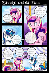 Size: 1500x2225 | Tagged: safe, artist:vavacung, princess cadance, queen chrysalis, shining armor, comic:to love alicorn, g4, comic, dialogue, lying down, prone, speech bubble