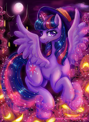 Size: 1280x1748 | Tagged: safe, artist:magexp, twilight sparkle, alicorn, pony, g4, female, flying, hat, mare, moon, smiling, solo, twilight sparkle (alicorn), witch hat