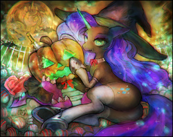 Size: 1500x1188 | Tagged: safe, artist:girlsay, nightmare rarity, spike, g4, butt, candy, clothes, fangs, female, hat, jack-o-lantern, knife, male, plot, pumpkin, ship:nightmare sparity, shipping, socks, straight, thigh highs, witch hat