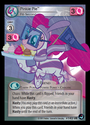 Size: 358x500 | Tagged: safe, enterplay, fili-second, pinkie pie, g4, high magic, my little pony collectible card game, power ponies (episode), ccg, clothes, costume, cupcake, female, glasses, power ponies, running, smiling, solo