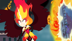 Size: 8168x4597 | Tagged: dead source, safe, alternate version, artist:xebck, sunset shimmer, solar eclipse (au), equestria girls, g4, my little pony equestria girls: friendship games, absurd resolution, alternate hairstyle, alternate universe, beautiful, dimensional cracks, evil smile, female, fiery shimmer, fire, fire hair, friendship express, grin, happy, mane of fire, midnight sparkle, midnight-ified, role reversal, scene interpretation, smiling, smirk, solo, vector