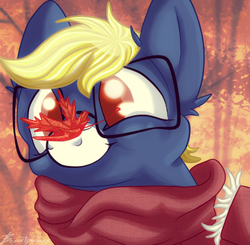 Size: 414x406 | Tagged: dead source, safe, artist:beastpaws, oc, oc only, oc:techno trance, pegasus, pony, autumn, clothes, glasses, leaf, male, scarf, smiling, solo