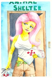 Size: 1000x1494 | Tagged: safe, artist:jay156, fluttershy, human, g4, animal shelter, clothes, dog food, female, humanized, pony coloring, shorts, solo, traditional art, watercolor painting