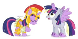 Size: 1060x540 | Tagged: safe, artist:dm29, derpy hooves, twilight sparkle, alicorn, pegasus, pony, g4, scare master, alicorn costume, athena sparkle, bowing, clothes, costume, cute, duo, fake horn, fake wings, female, mare, nightmare night, nightmare night costume, simple background, skirt, succession, successor, toilet paper roll, toilet paper roll horn, transparent background, twilight muffins, twilight sparkle (alicorn), twilight sparkle costume, wig