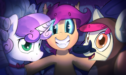 Size: 9500x5679 | Tagged: safe, artist:darkflame75, apple bloom, scootaloo, sweetie belle, earth pony, pony, g4, scare master, armpits, cutie mark crusaders, female, filly, glowing eyes