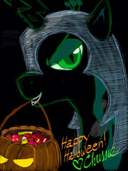 Size: 1280x1707 | Tagged: safe, artist:arcanelexicon, queen chrysalis, g4, candy, clothes, costume, halloween, jack-o-lantern, pumpkin