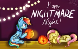 Size: 1599x1012 | Tagged: safe, artist:bubble-toes14, fluttershy, rainbow dash, g4, halloween, jack-o-lantern, nightmare night, pumpkin