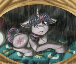 Size: 1024x853 | Tagged: safe, artist:inuhoshi-to-darkpen, twilight sparkle, g4, magical mystery cure, crying, female, floppy ears, golden oaks library, rain, sad, solo