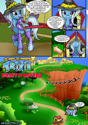 Size: 1860x2622 | Tagged: safe, artist:anibaruthecat, trixie, pony, unicorn, comic:boast lovers, g4, :3, :<, bedroom eyes, cloak, clothes, comic, eyeshadow, female, hat, horn, horn ring, makeup, mare, open mouth, ponyville, raised hoof, smiling, socks, solo, stockings, trixie's wagon, unamused, walking