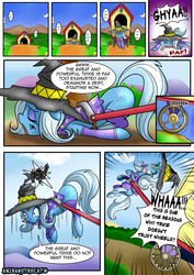 Size: 1860x2622 | Tagged: safe, artist:anibaruthecat, trixie, pony, unicorn, comic:boast lovers, g4, clothes, comic, face down ass up, faceplant, female, horn, horn ring, mare, ponyville, scrunchy face, solo, stockings, tired, trixie's wagon, wheel, wheels trixie