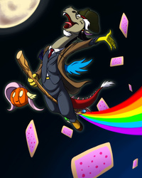 Size: 800x1000 | Tagged: safe, artist:pokelai, discord, g4, clothes, costume, doctor who, jack sparrow, male, nightmare night costume, nyan cat, pirates of the caribbean, poptart, scepter, solo, the avengers